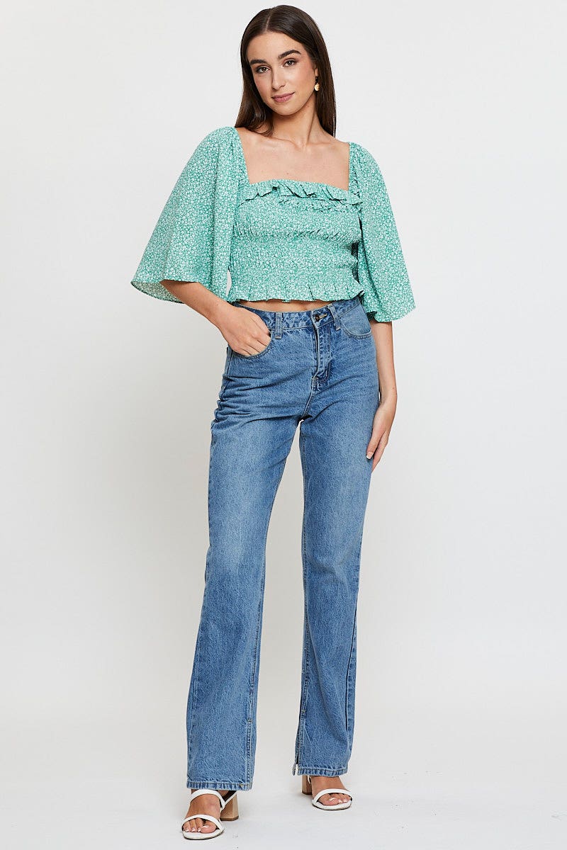 Green Print Crop Top Short Sleeve Crop Square Neck - Image 2