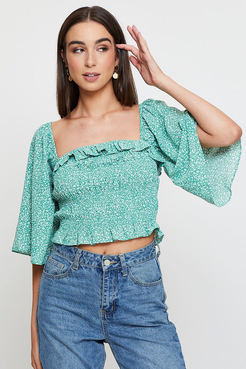 Green Print Crop Top Short Sleeve Crop Square Neck - Image 3