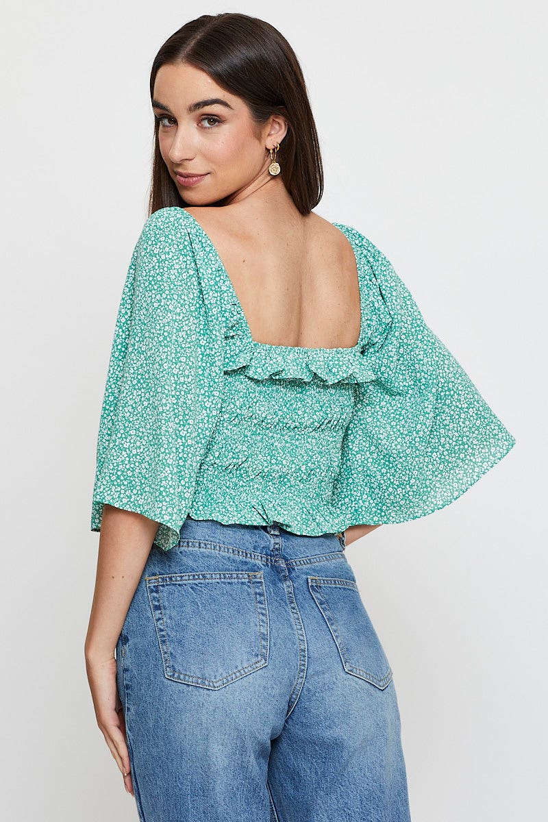 Green Print Crop Top Short Sleeve Crop Square Neck - Image 5