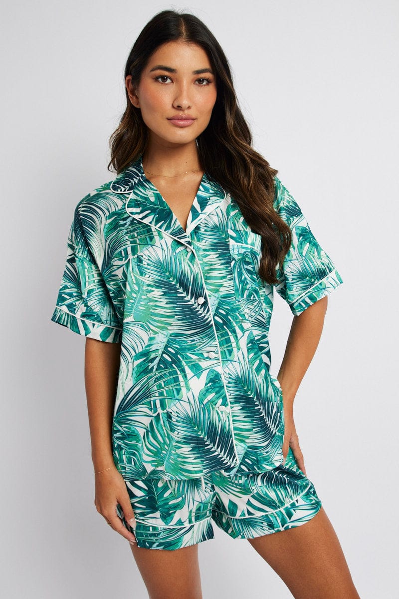 Green Print Palm Print Pj Contrast Piping Pyjama Set - Image 3