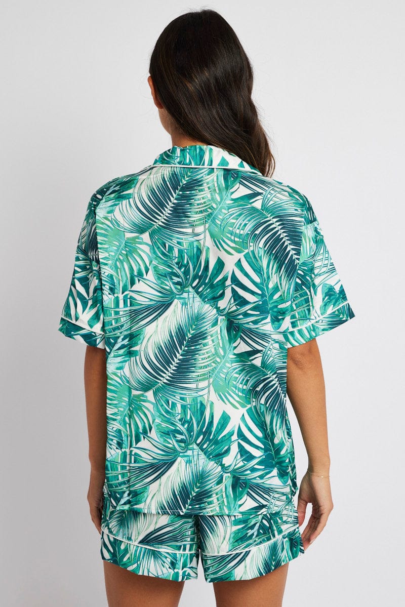 Green Print Palm Print Pj Contrast Piping Pyjama Set - Image 5