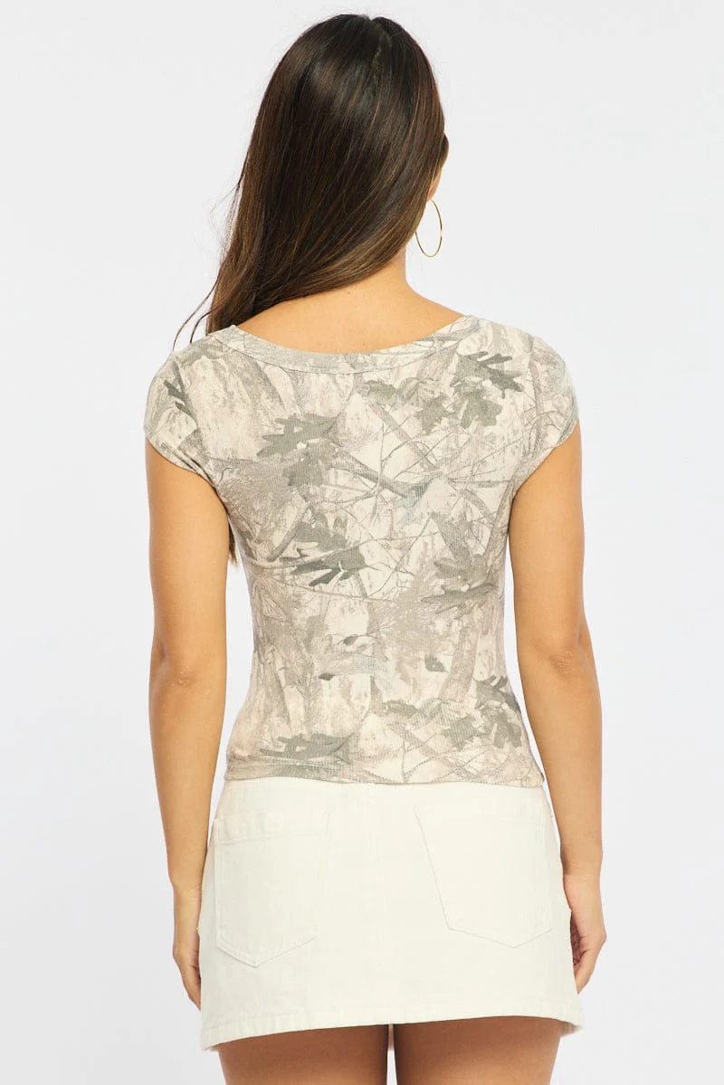 Green Print Scoop Neck T-shirt Short Sleeve - Image 5