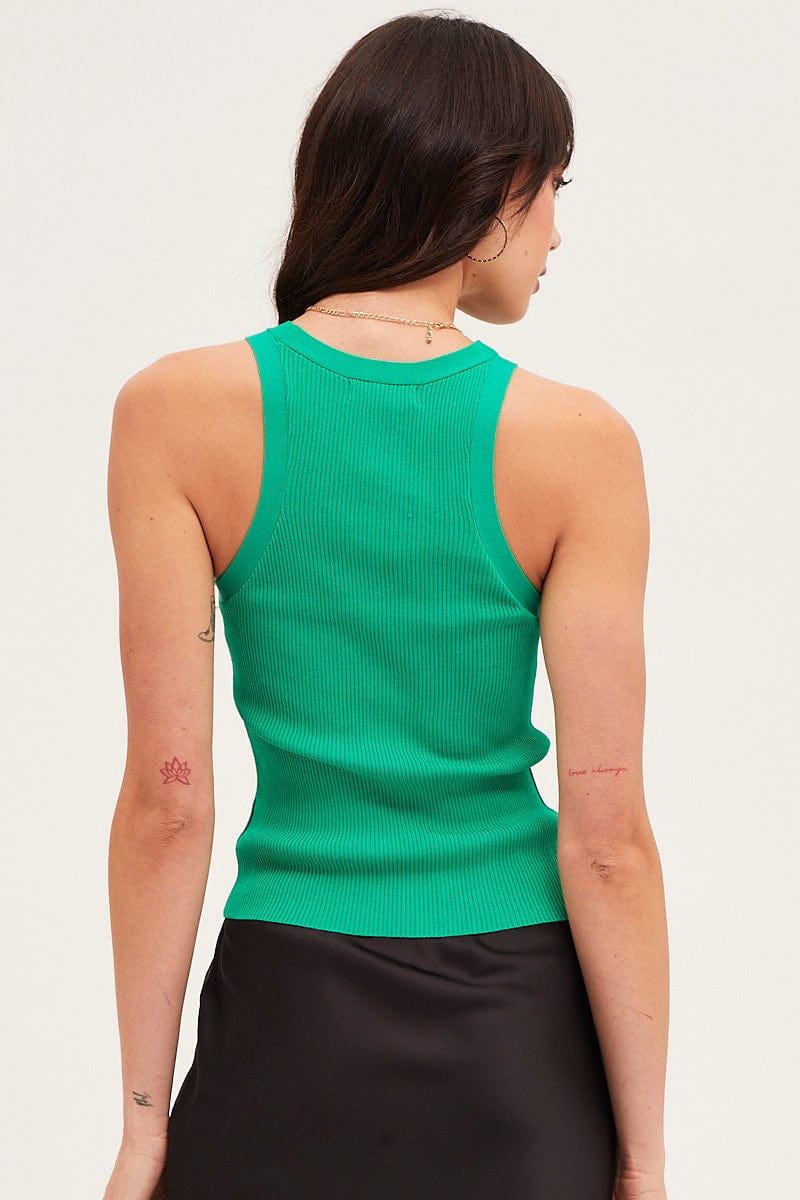 Green Round Neck Rib Knit Tank Top - Image 4