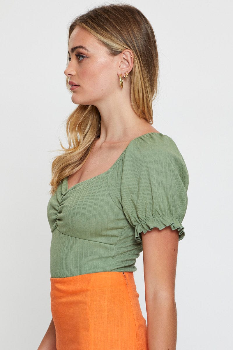Green Ruched Bodysuit Puff Sleeve - Image 4