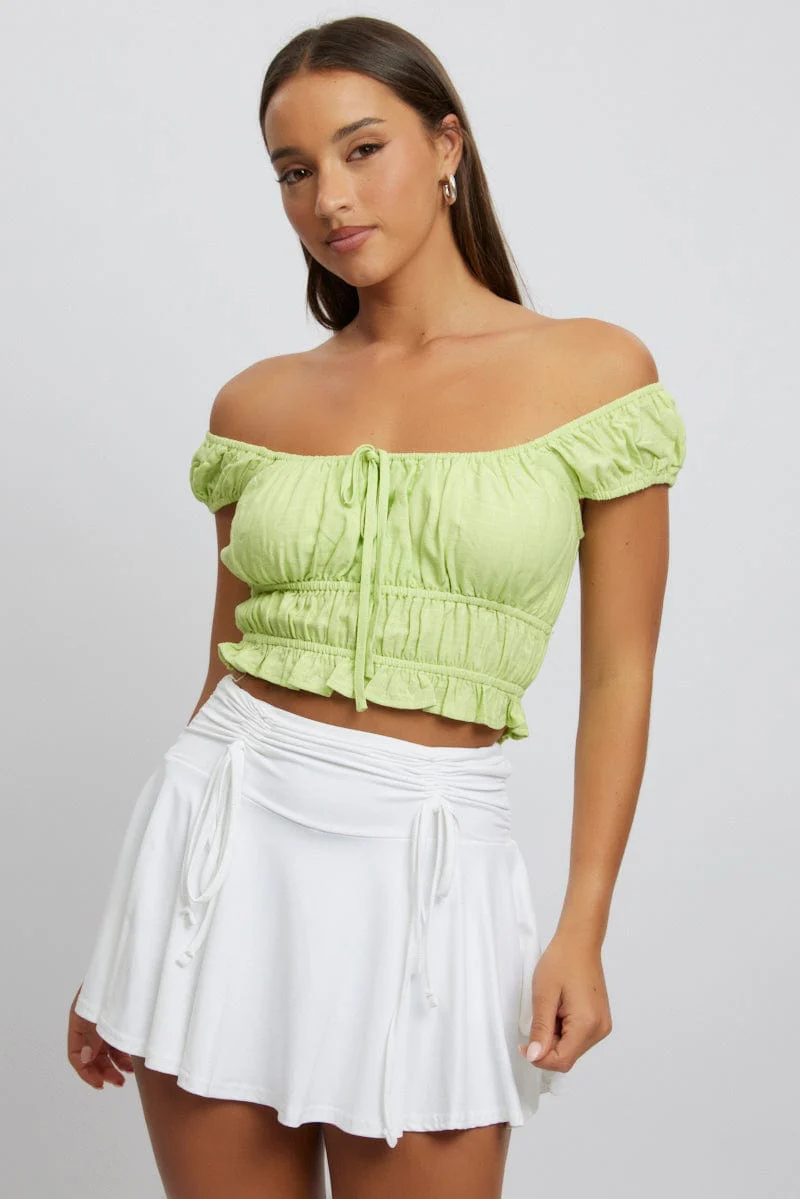 Green Ruched Top Short Sleeve Linen Blend - Image 2