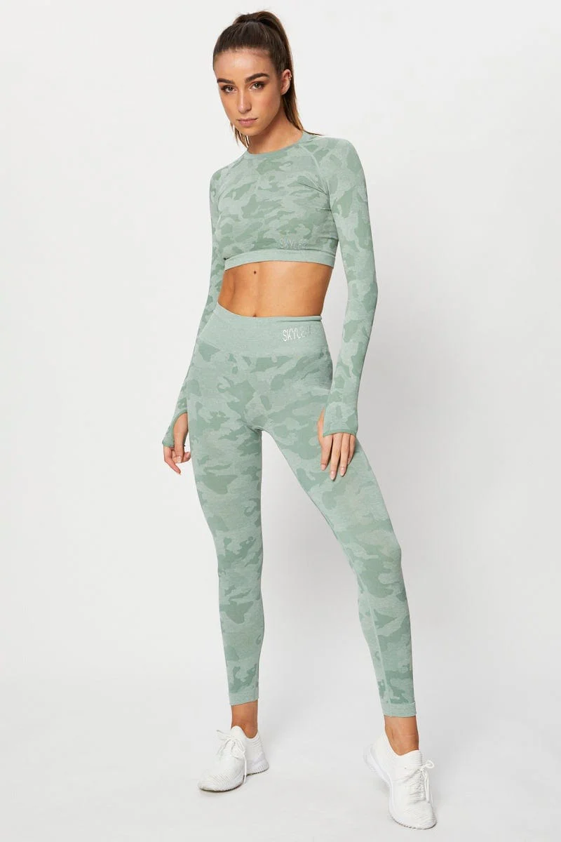Green Seamless Camo Activewear Long Sleeve Top - Image 3
