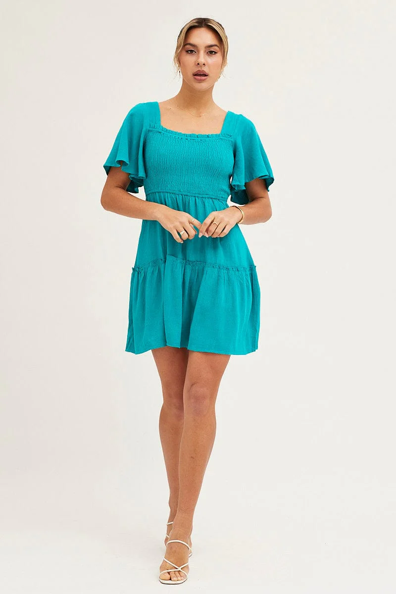 Green Shirred Bust Skater Dress - Image 2