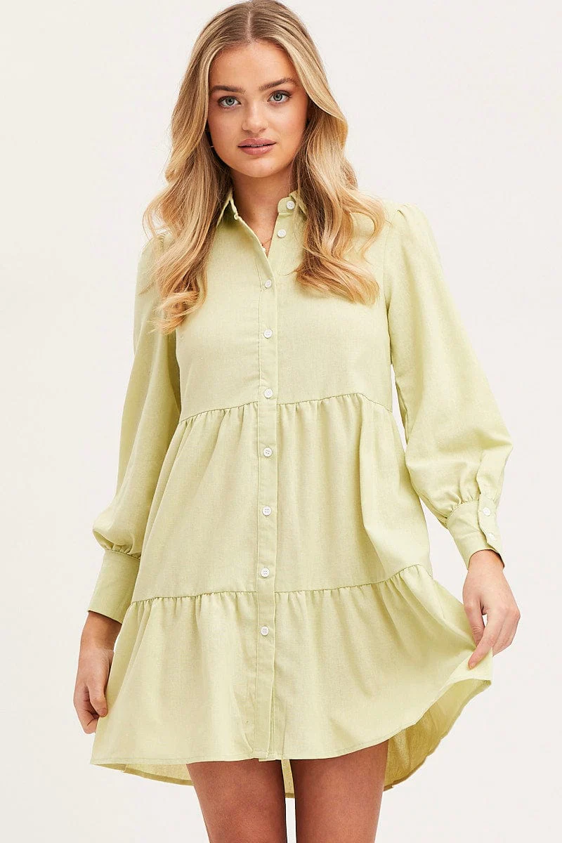 Green Shirt Dress Long Sleeve Button Front - Image 3