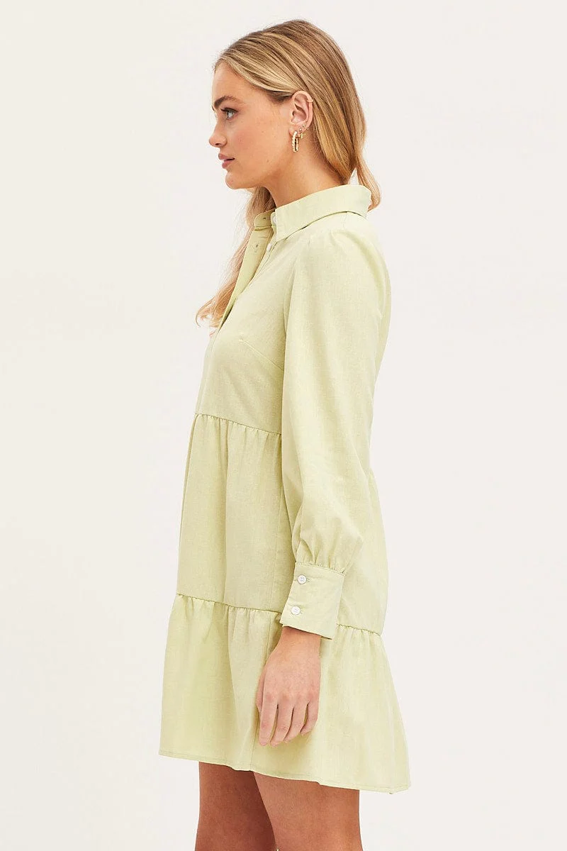 Green Shirt Dress Long Sleeve Button Front - Image 4