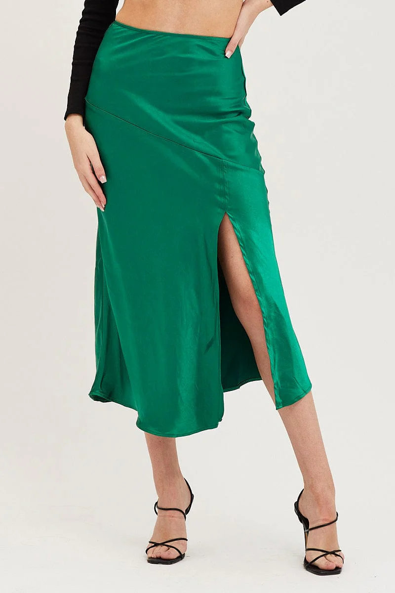 Green Slip Skirt Front Split Satin - Image 2