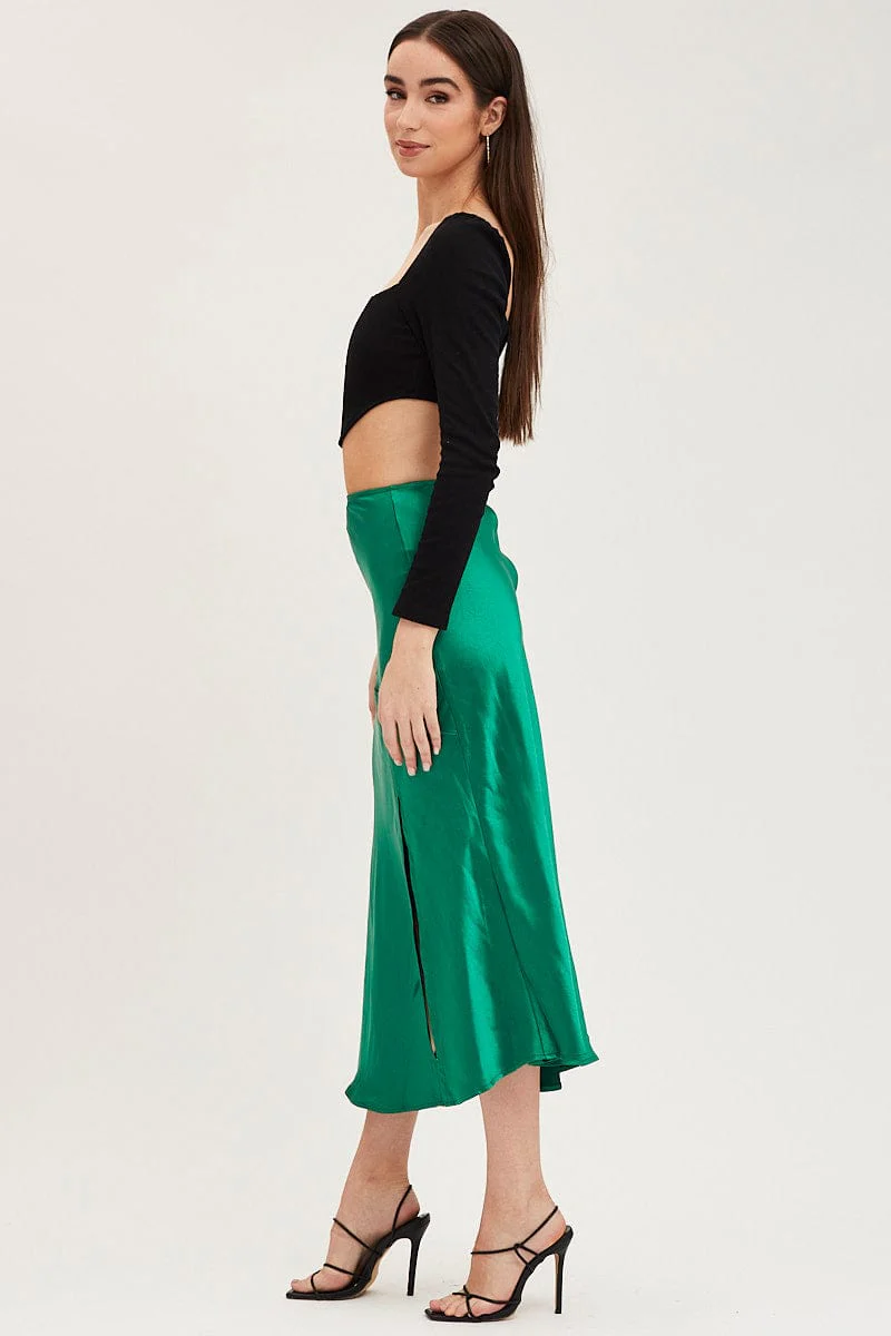 Green Slip Skirt Front Split Satin - Image 4