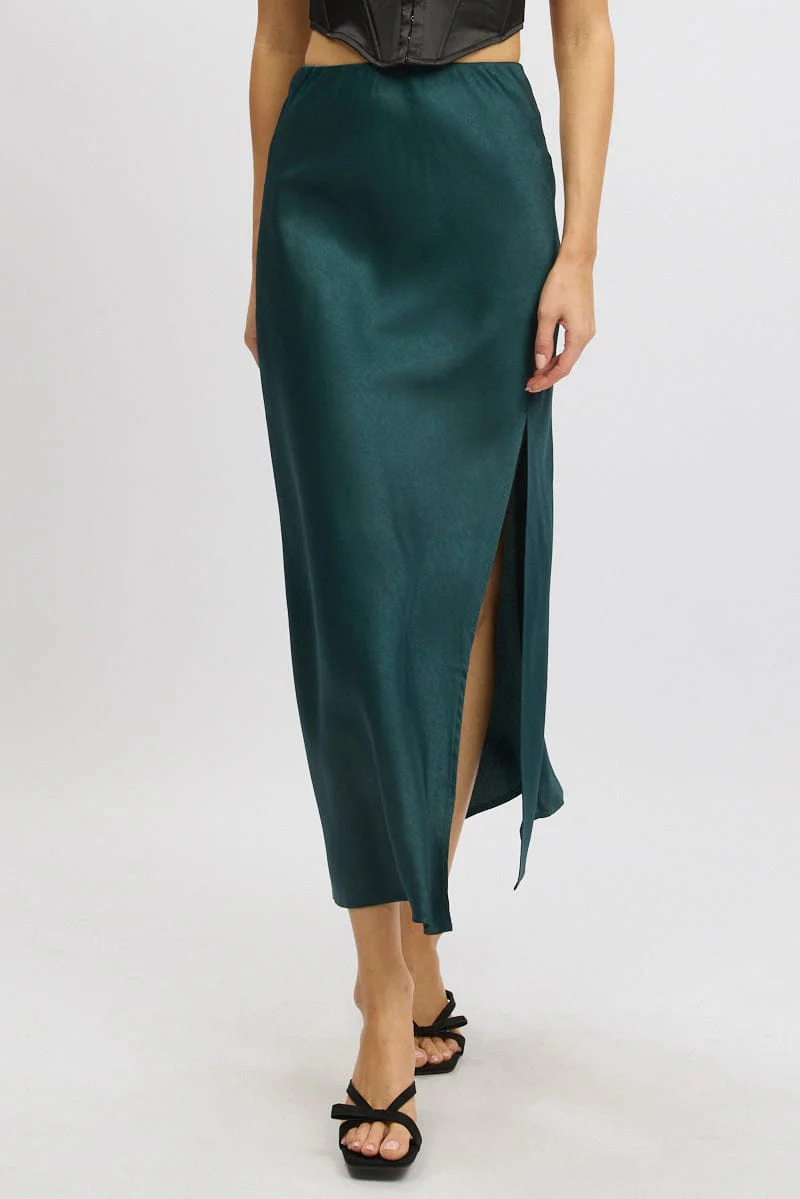 Green Slip Skirt High Waist Front Split Midaxi Satin - Image 3