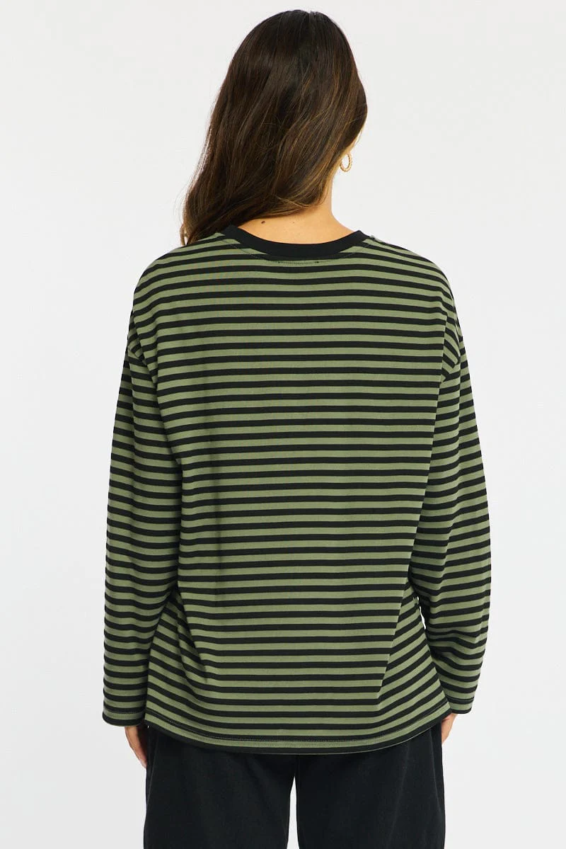Green Stripe Striped Top Crew Neck Long Sleeve - Image 5