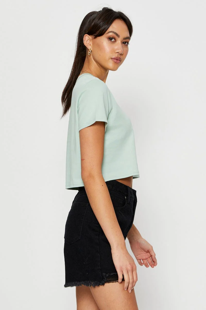 Green T Shirt Short Sleeve Crop Crew Neck Cotton - Image 4