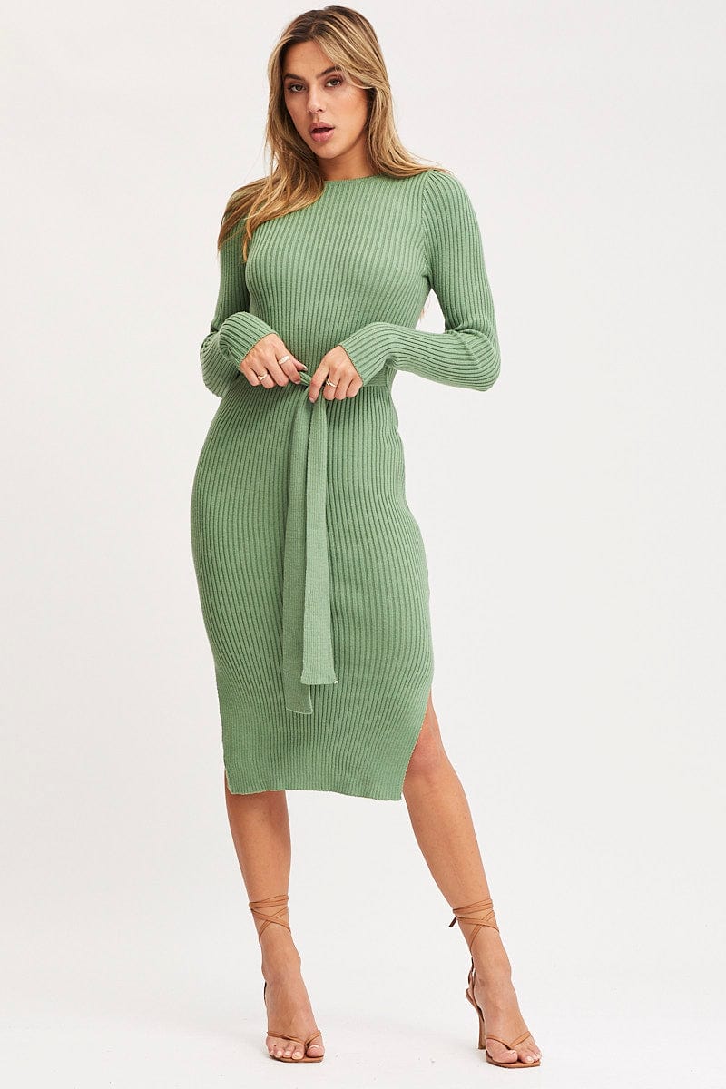 Green Tie Waist Dress Long Sleeve Midi - Image 3