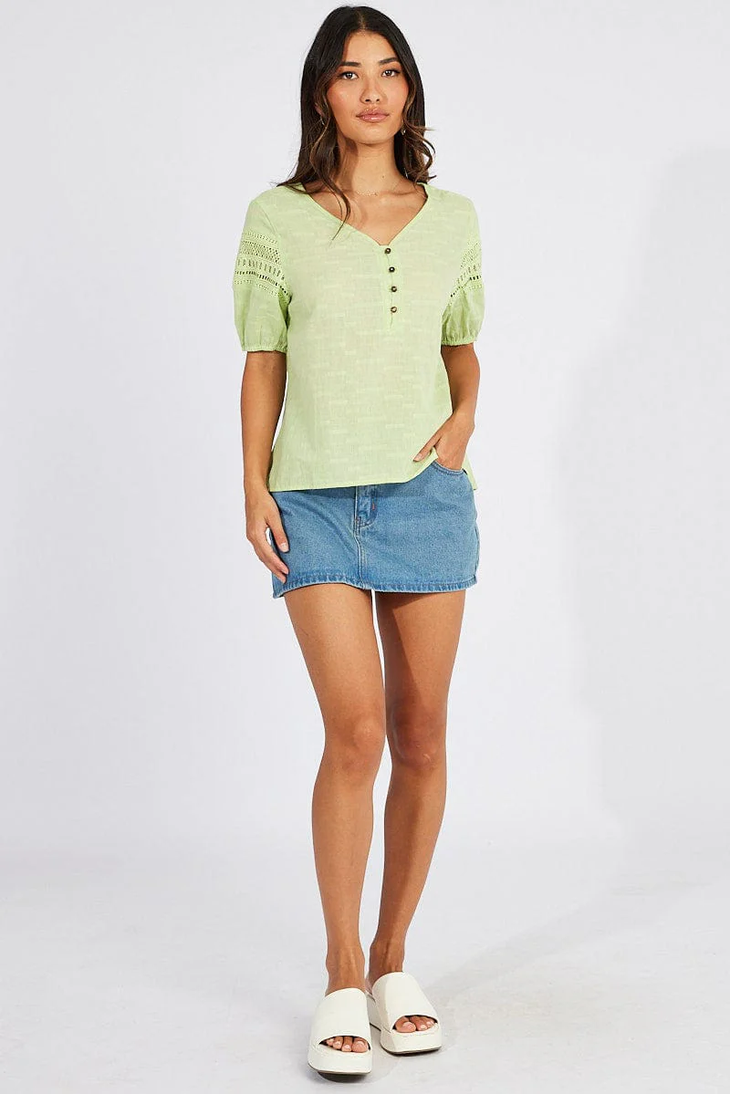 Green Top lace details sleeve texture cotton - Image 2