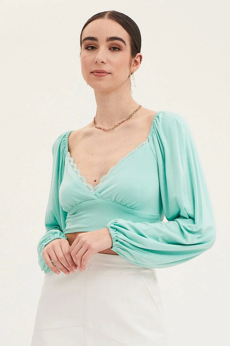 Green Top Long Sleeve Lace Trim - Image 3