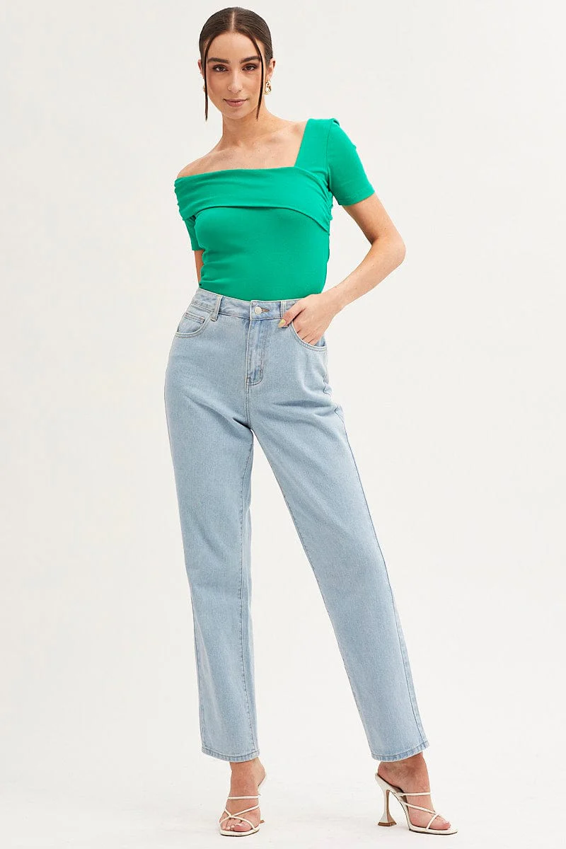 Green Top Short Sleeve Asymmetric Neckline Cotton Jersey - Image 2
