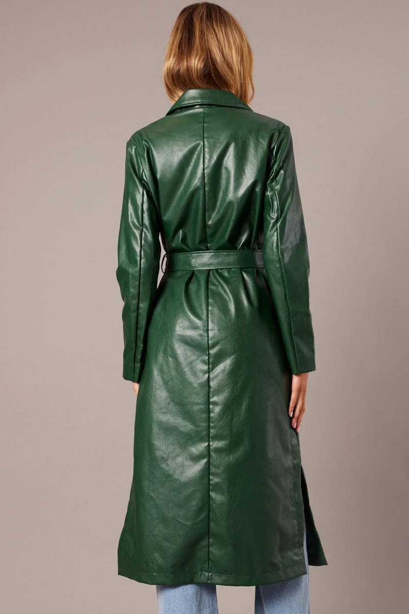Green Trench Coat Long Sleeves Faux Leather - Image 5