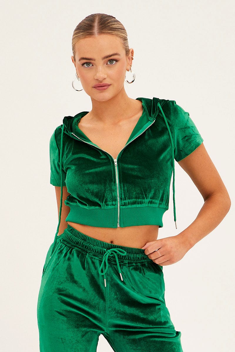 Green Velour Short Sleeve Zip Lounge Hoodie - Image 3