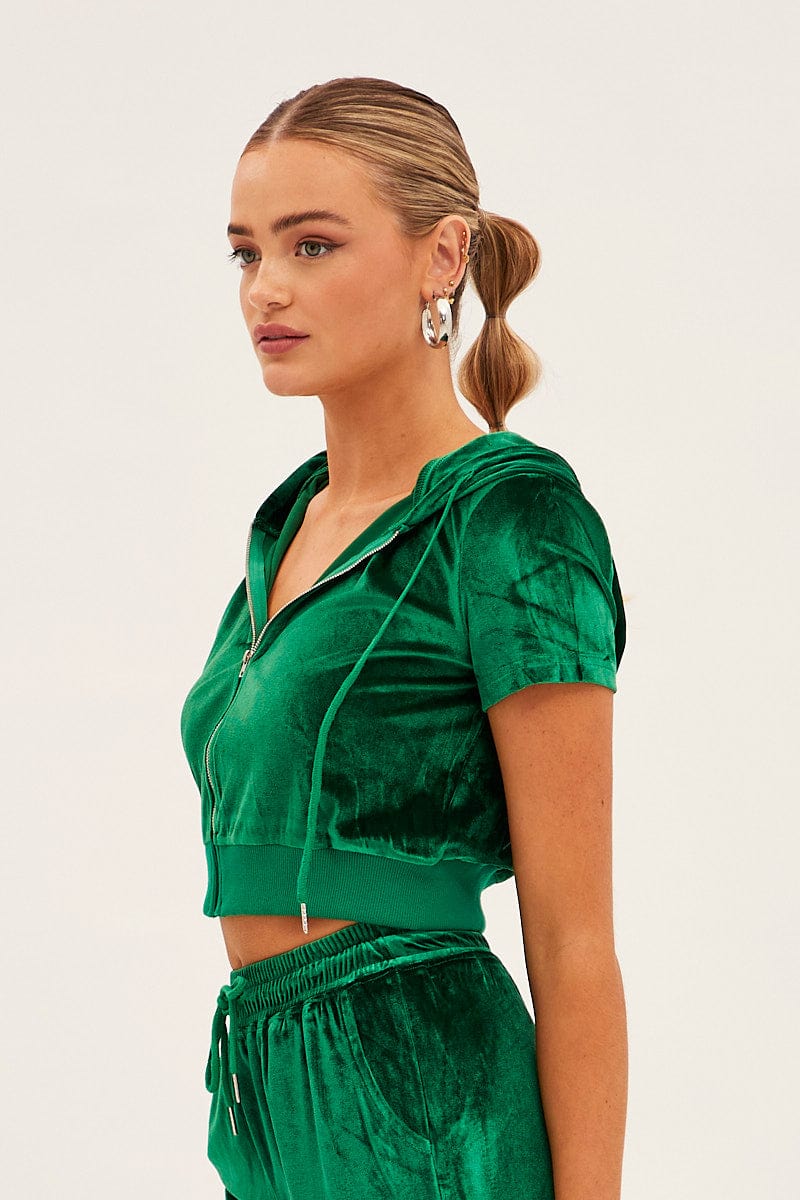 Green Velour Short Sleeve Zip Lounge Hoodie - Image 4