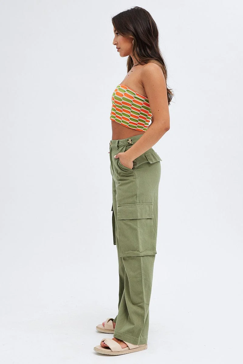 Green Wide Leg Pants Cargo Pockets - Image 4