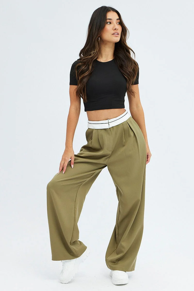 Green Wide Leg Pants Turn Down Waist Low Rise - Image 3