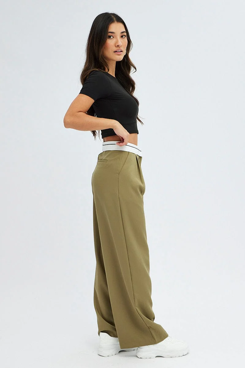 Green Wide Leg Pants Turn Down Waist Low Rise - Image 4