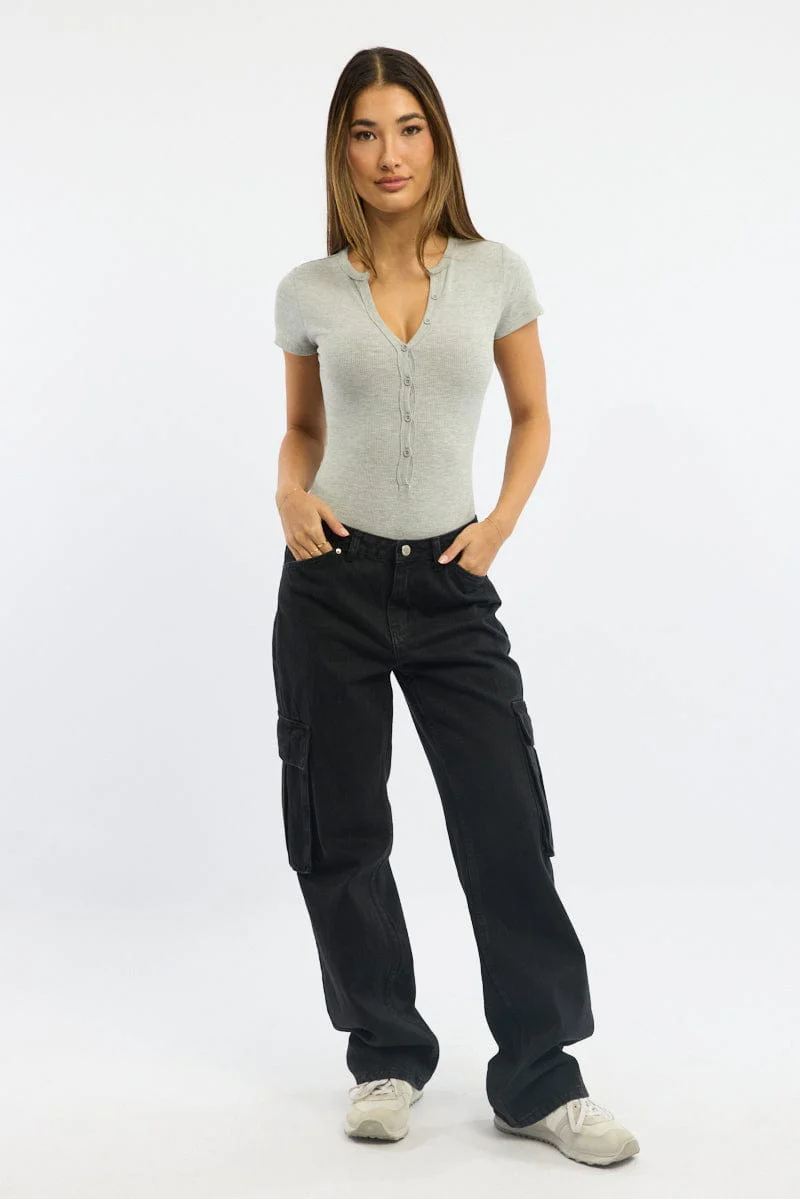 Grey Bodysuit Short Sleeve Button Front Rib - Image 3