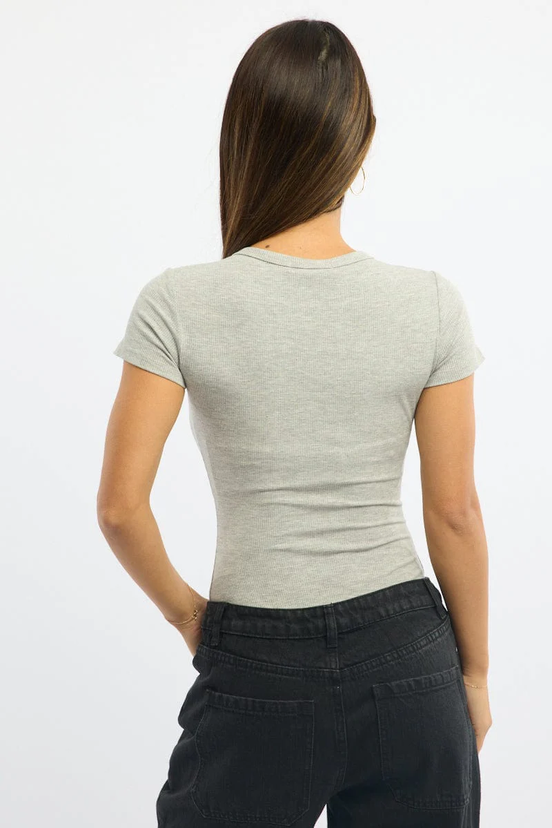 Grey Bodysuit Short Sleeve Button Front Rib - Image 4