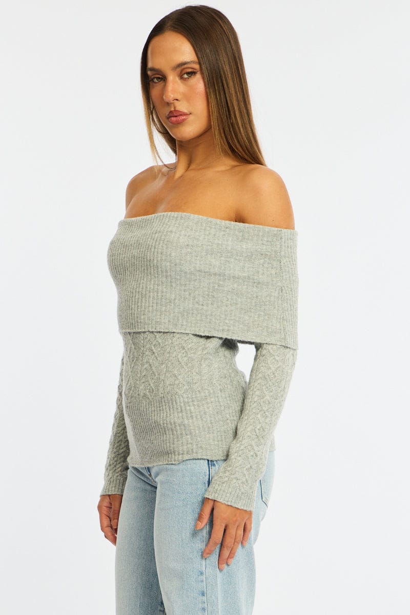 Grey Cable Knit Top Long Sleeve Off Shoulder - Image 5