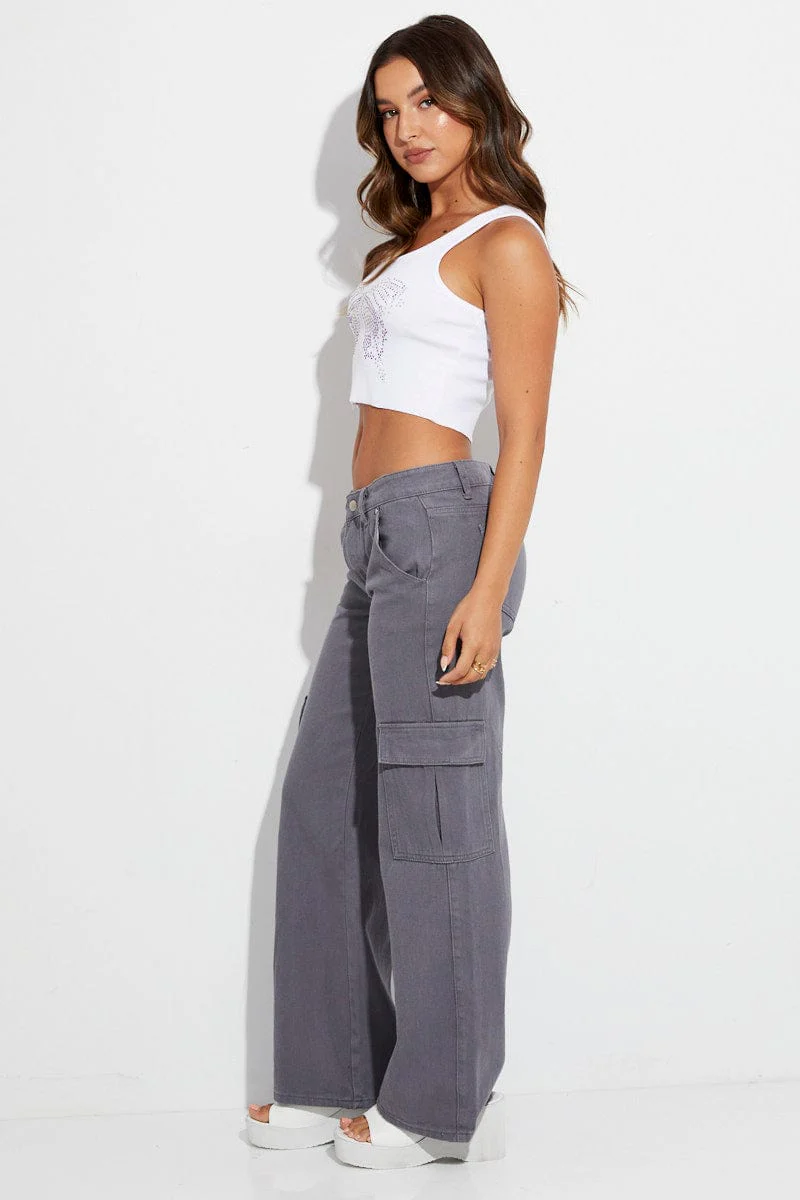 Grey Cargo Denim Jeans Low Rise - Image 4