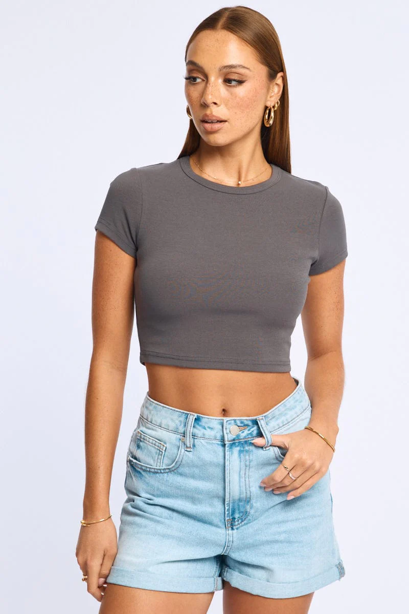Grey Cropped T-shirt Short Sleeve Crew Neck