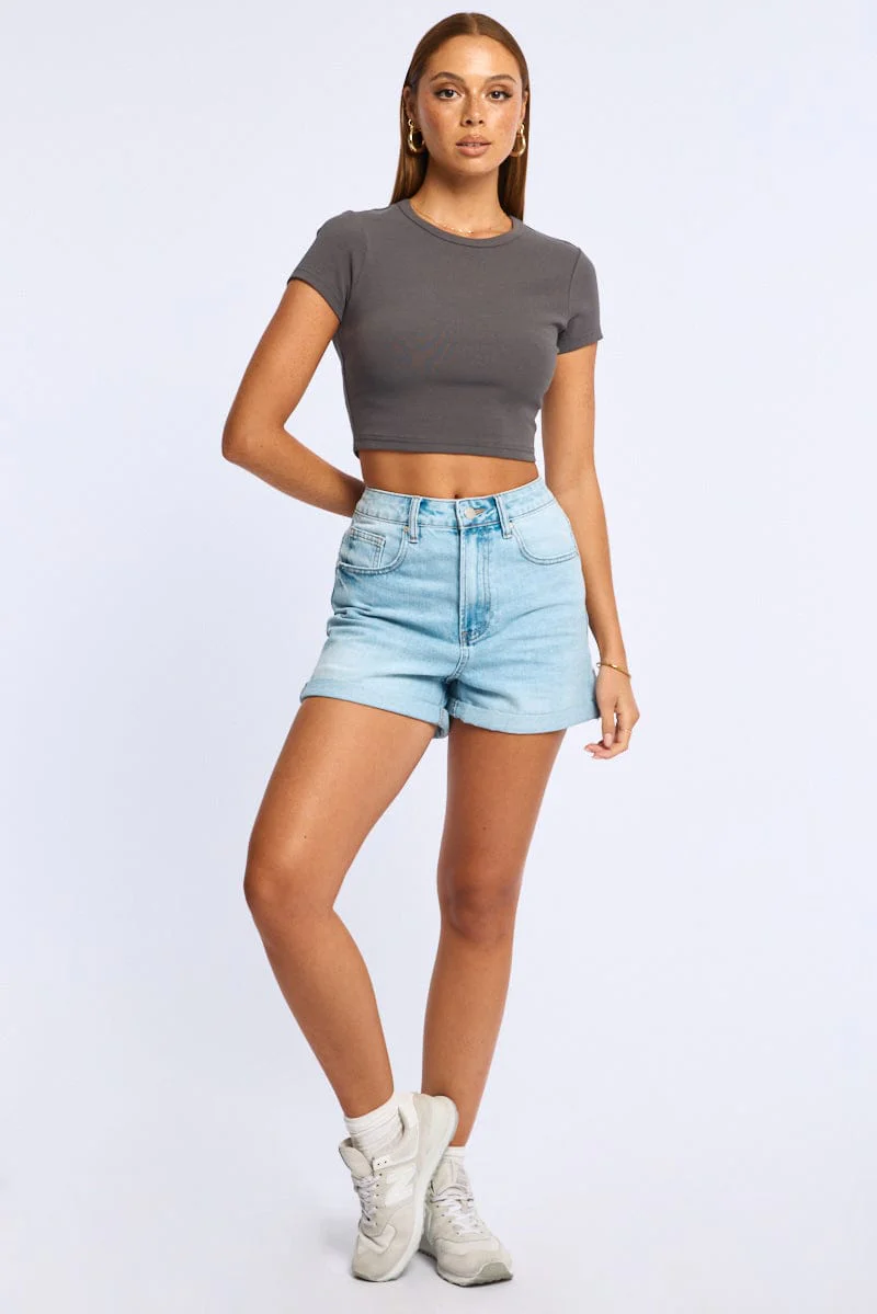 Grey Cropped T-shirt Short Sleeve Crew Neck - Image 2
