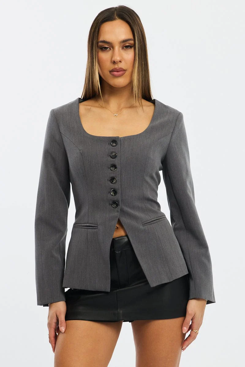Grey Fitted Blazer Jacket