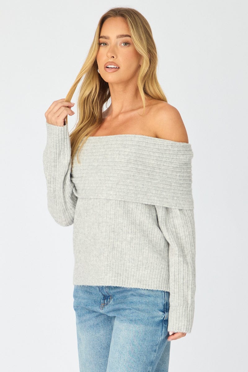 Grey Fold Down Bardot Knit Top Long Sleeve - Image 4