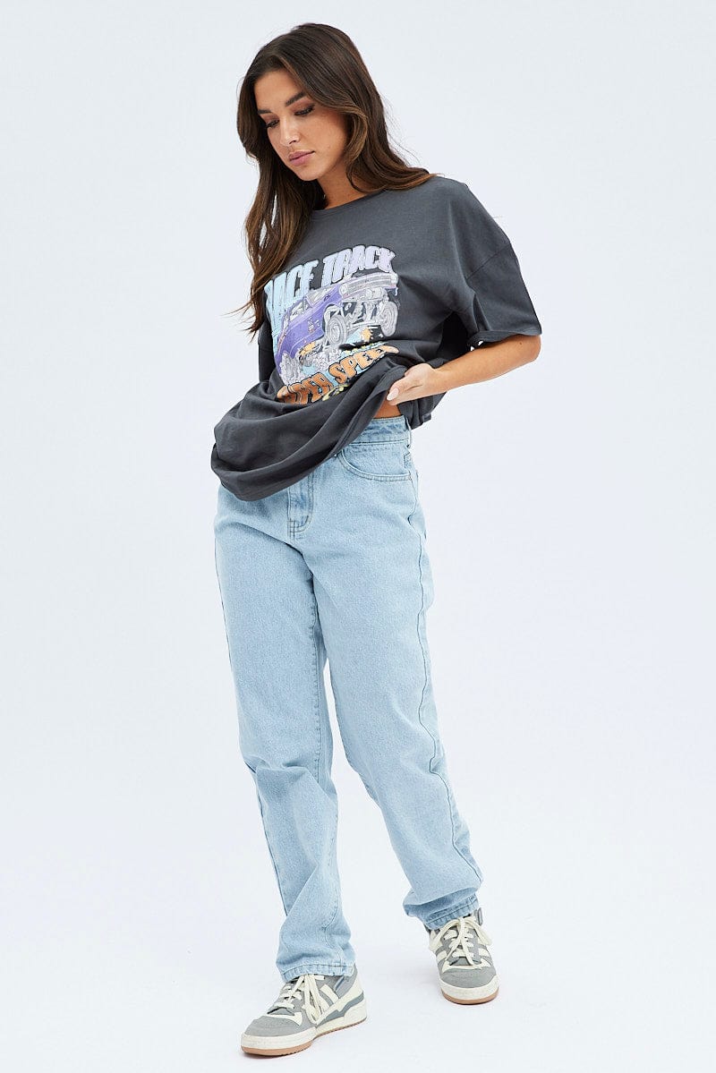 Grey Graphic Tee Short Sleeve Round Neck Print Jersey - Image 2