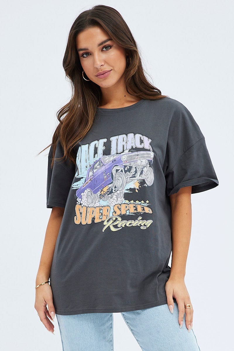 Grey Graphic Tee Short Sleeve Round Neck Print Jersey - Image 3