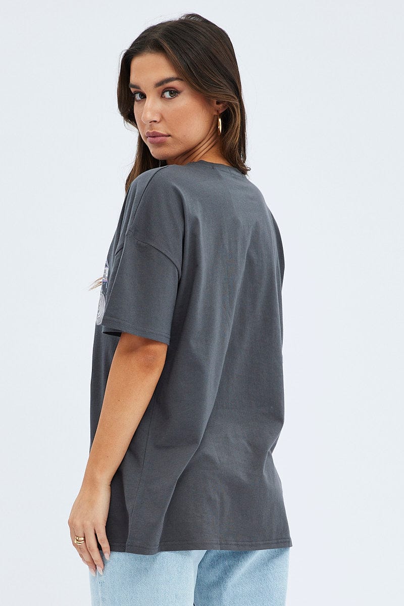 Grey Graphic Tee Short Sleeve Round Neck Print Jersey - Image 5
