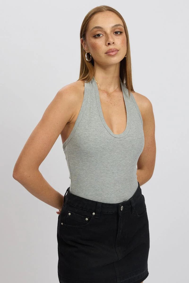 Grey Halter Bodysuit Rib - Image 4