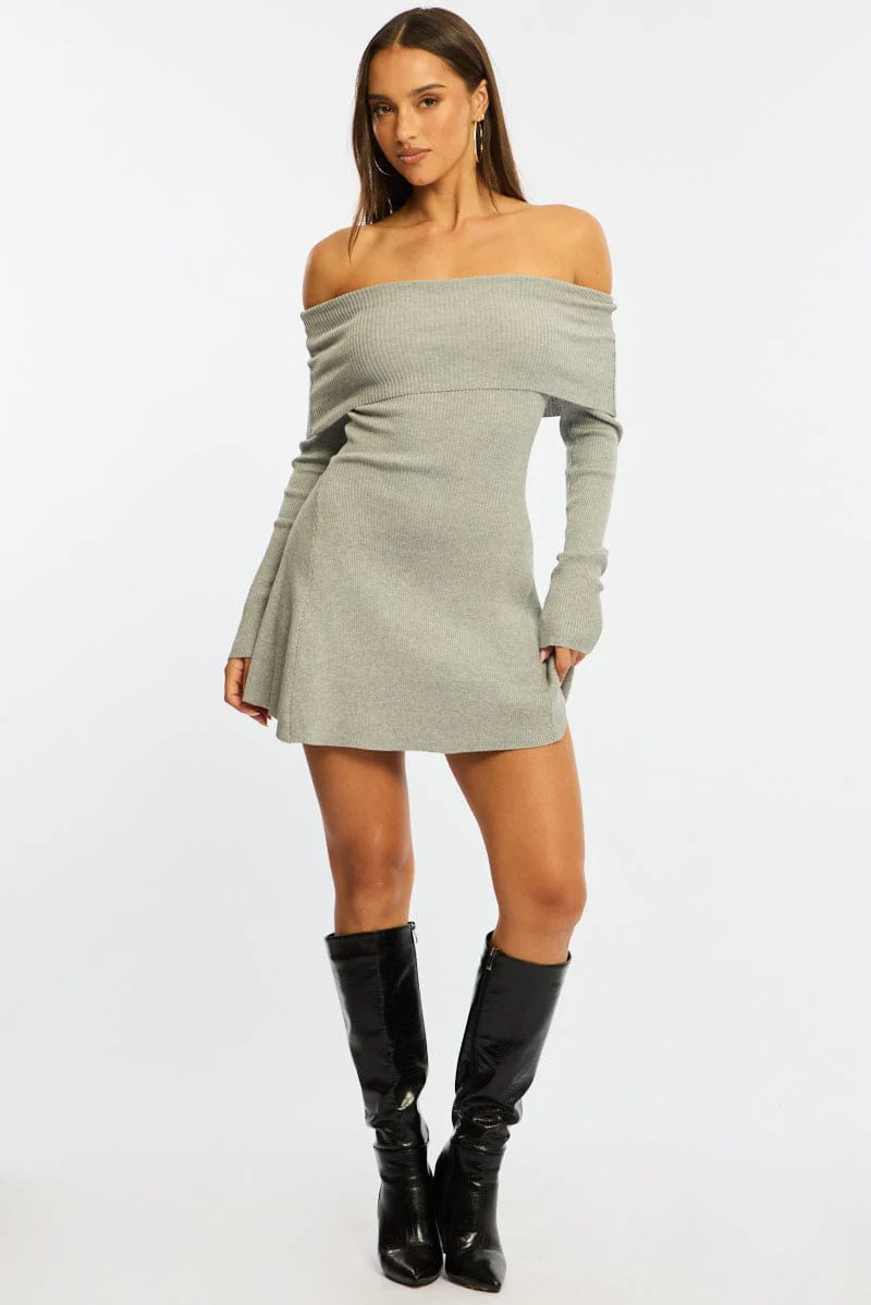 Grey Knit Dress Long Sleeve Off Shoulder - Image 2