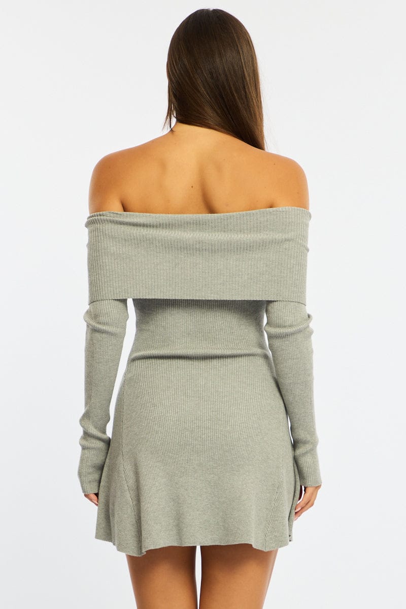 Grey Knit Dress Long Sleeve Off Shoulder - Image 5