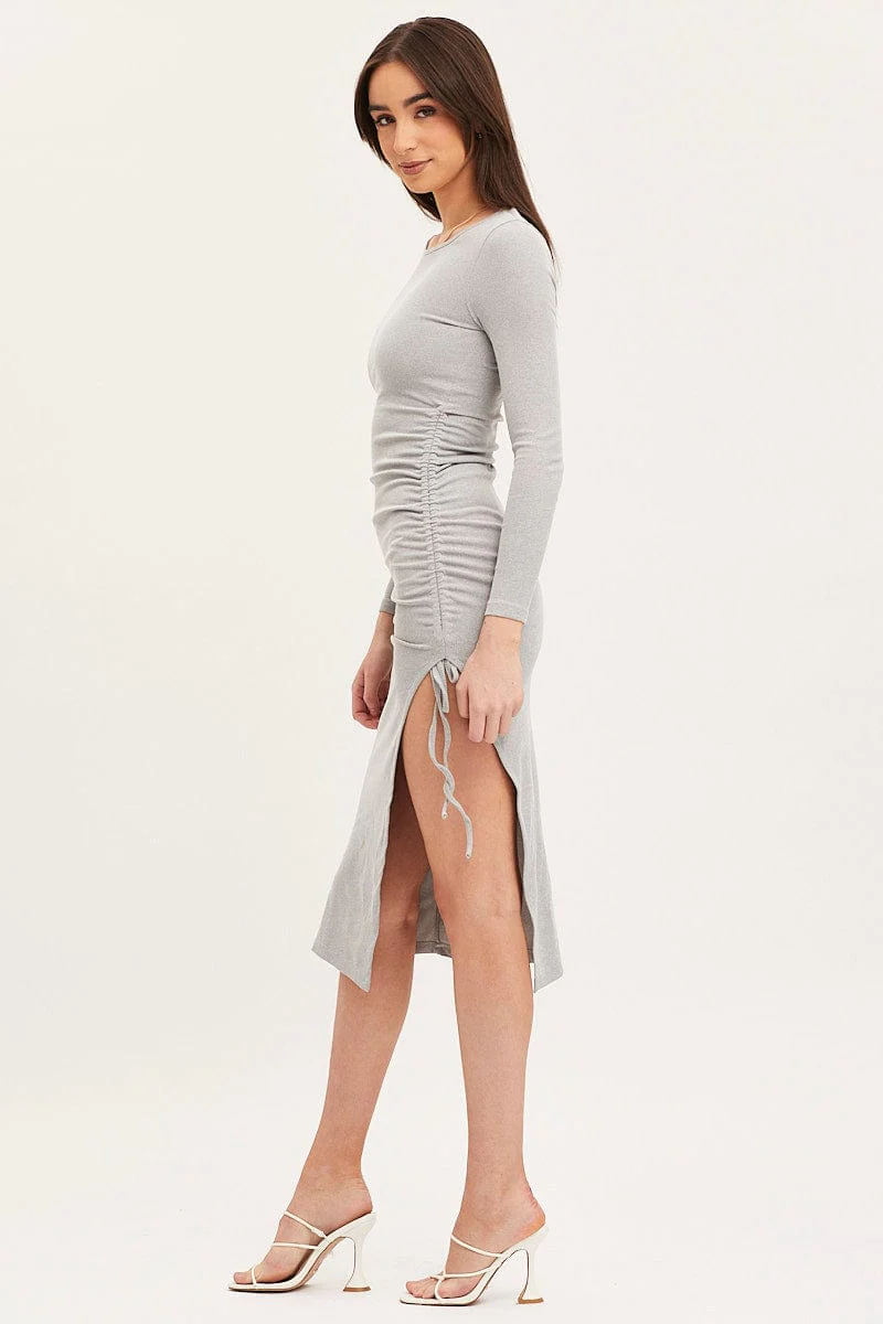 Grey Midi Dress Long Sleeve Bodycon - Image 4