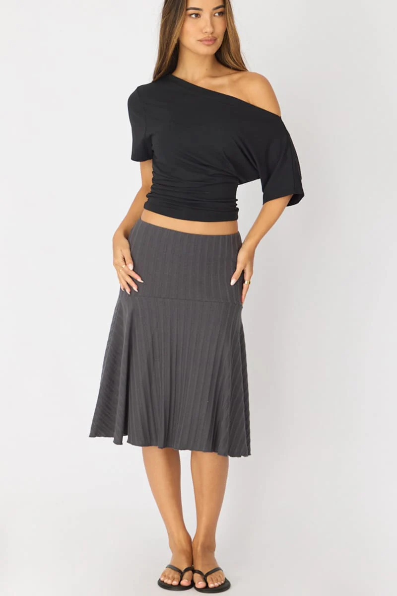 Grey Midi Skirt Elastic Waist Jacquard Rib Knit Lined