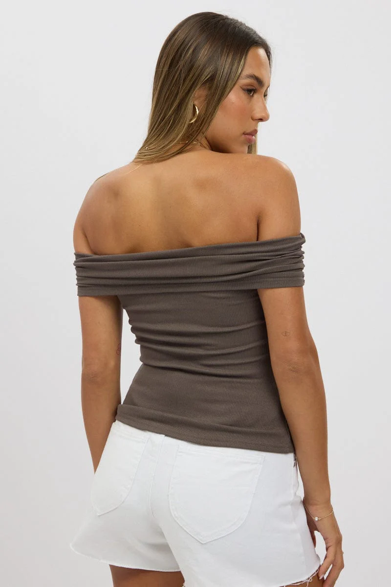 Grey Off Shoulder Top Rib - Image 5