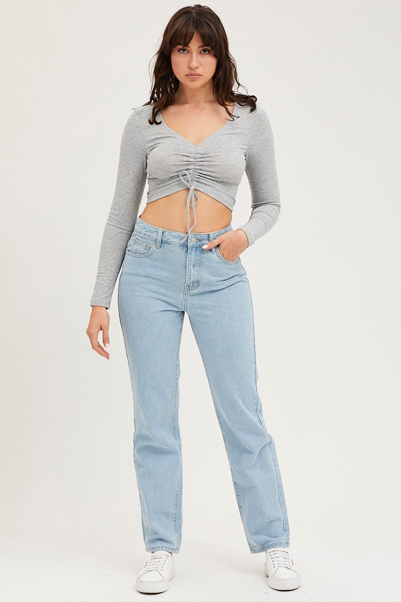 Grey Rib Crop Top Long Sleeve - Image 2