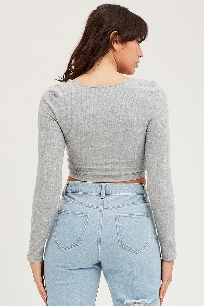 Grey Rib Crop Top Long Sleeve - Image 5