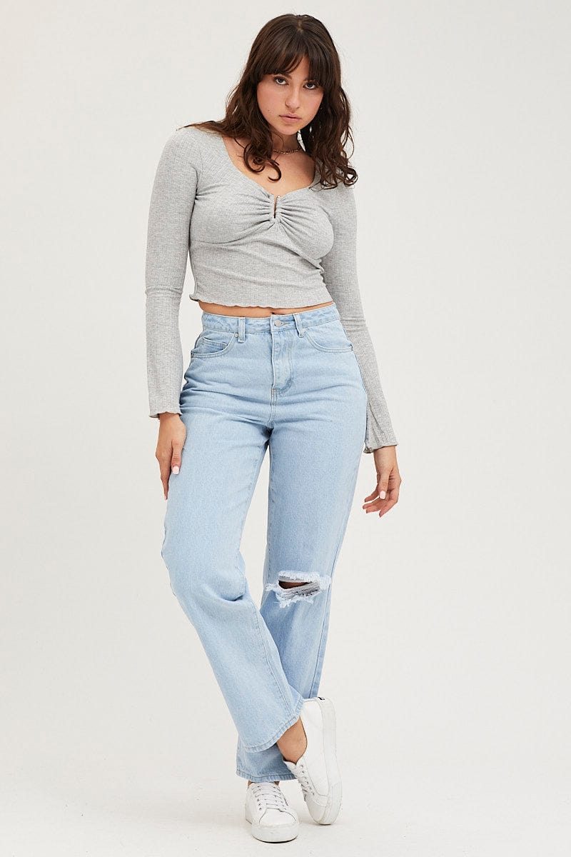 Grey Ring Detail Top Long Sleeve - Image 2