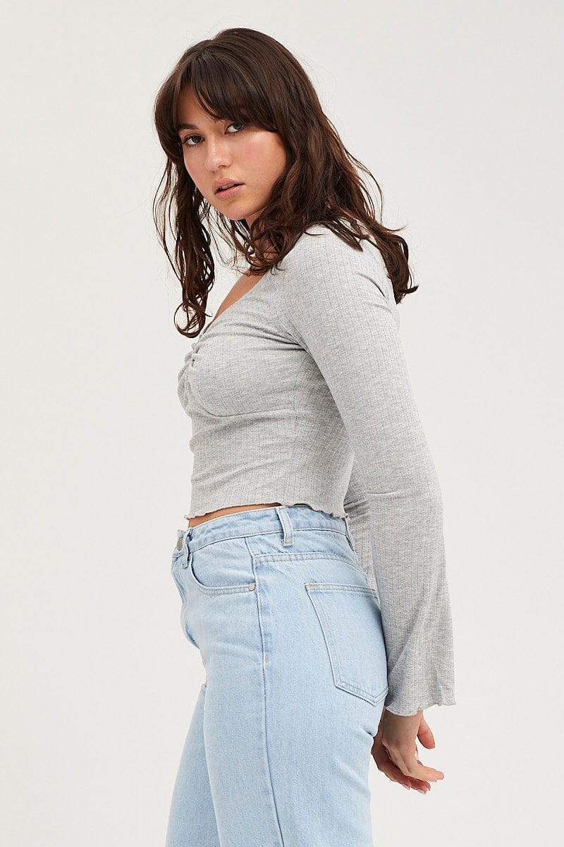 Grey Ring Detail Top Long Sleeve - Image 4