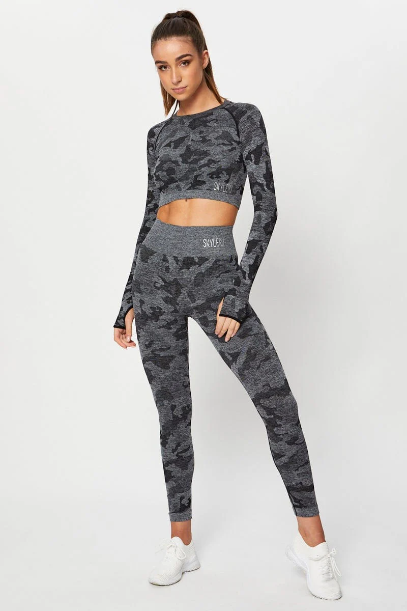 Grey Seamless Camo Activewear Long Sleeve Top - Image 2